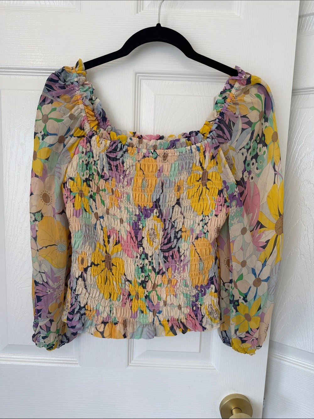 Shoshanna Yellow, Purple & Pastel Floral Smocked Blouse